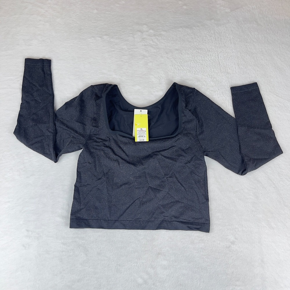 All in Motion Lurex Seamless Cropped Top Womens XL Black Long Sleeve Square Neck
